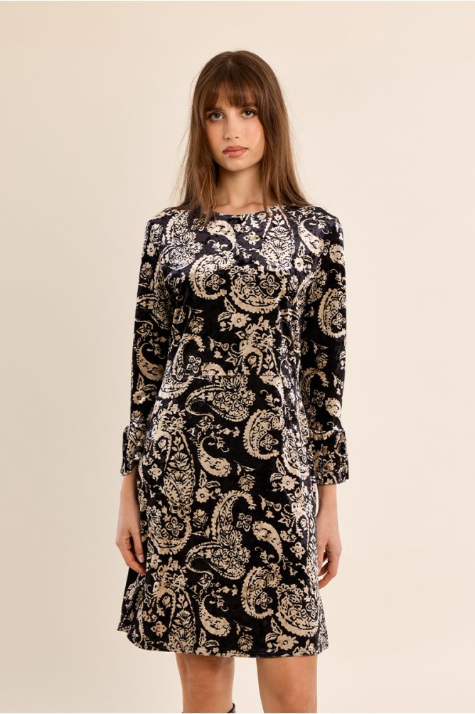 Molly Bracken black and gold paisley short dress front view