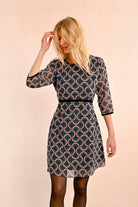 Molly Bracken Nora Duck Blue Geo Print Hight Neck Mini Dress