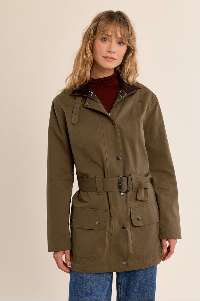 Molly Bracken khaki belted cotton parka jacket front view