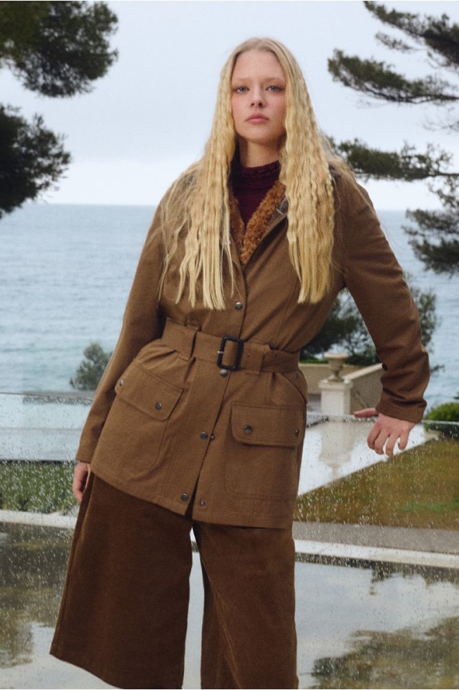 Molly Bracken khaki belted parka jacket lifestyle image