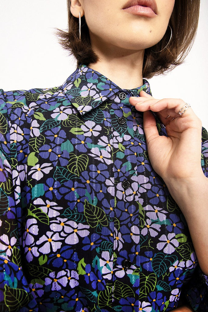 Molly Bracken Short Purple Floaty Floral Print Shirt Dress