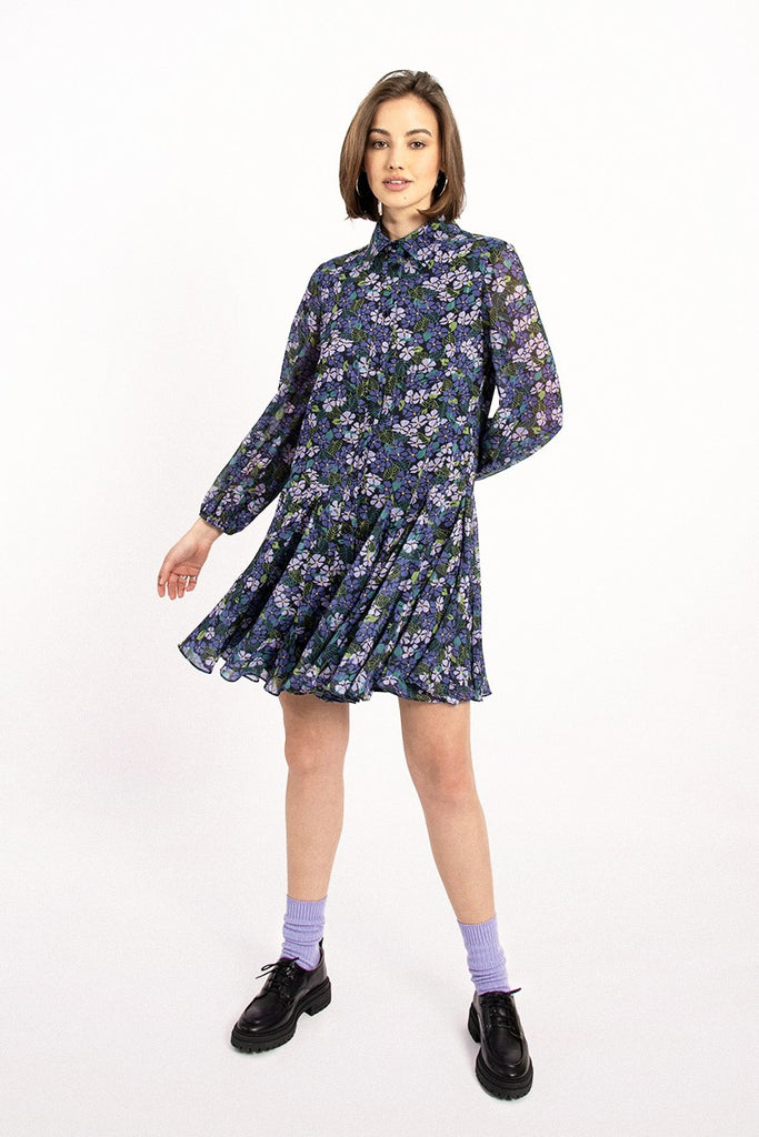 Molly Bracken Purple Floral Print Floaty Shirt Dress