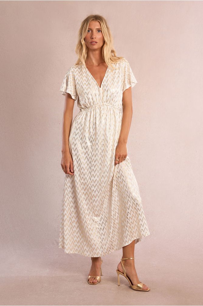 Molly Bracken gold chevron maxi dress full length view