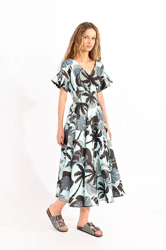 Molly Bracken Khaki Palm Print Smocked Midi Dress
