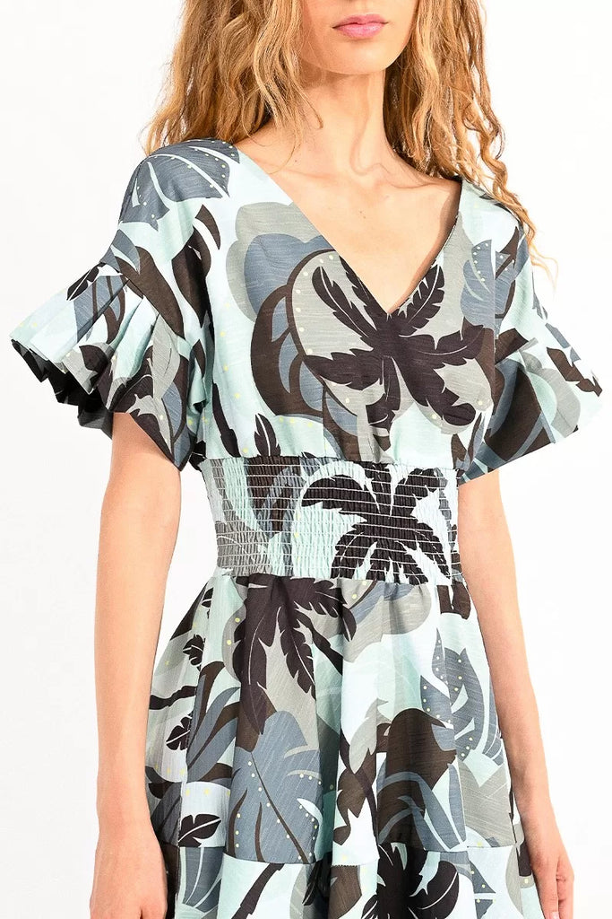 Molly Bracken Khaki Palm Print Smocked Frilled Sleeve Midi Dress