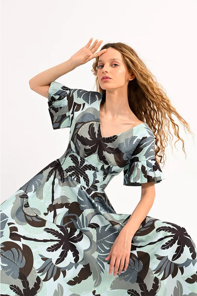 Molly Bracken Khaki Palm Print Smocked Waist Midi Dress