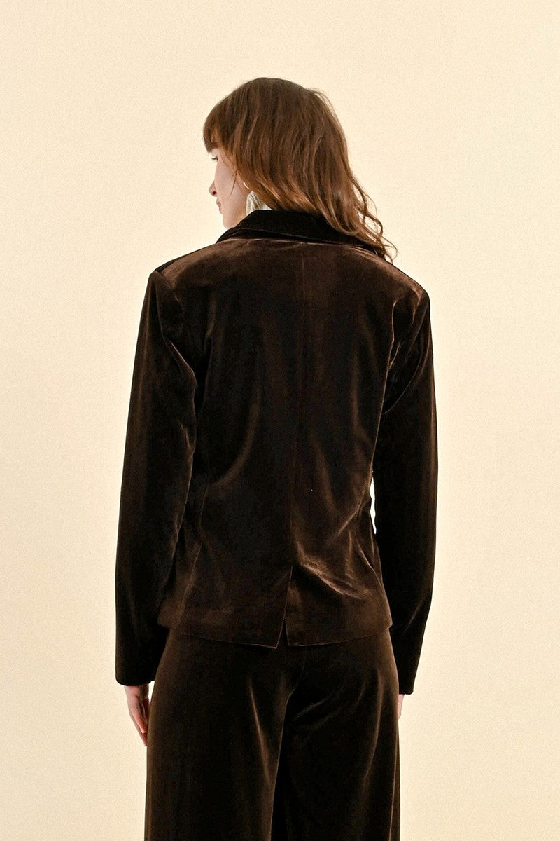 Molly Bracken Brown Velvet Single Breasted Blazer From The Back