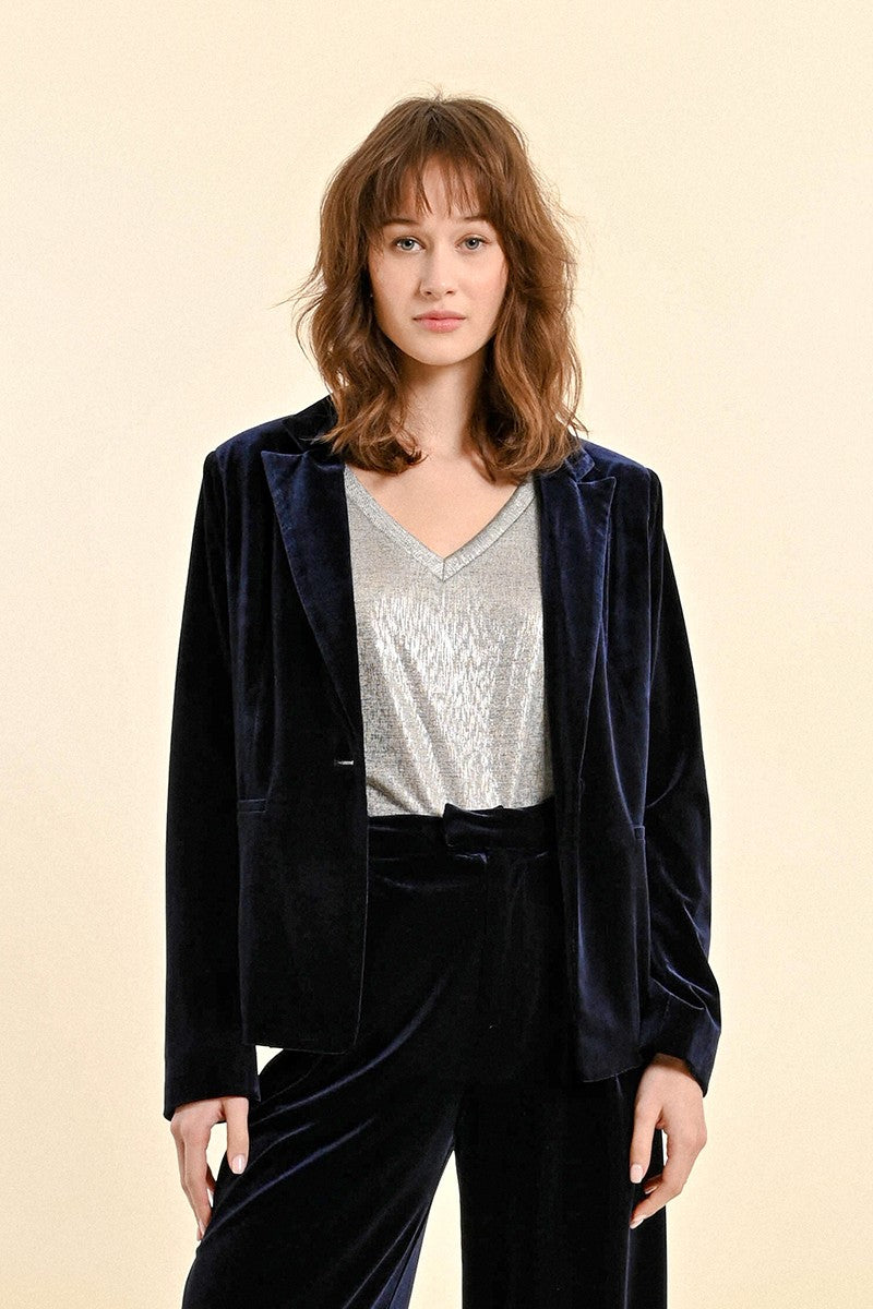 Molly Bracken Navy Velvet Single Button Blazer