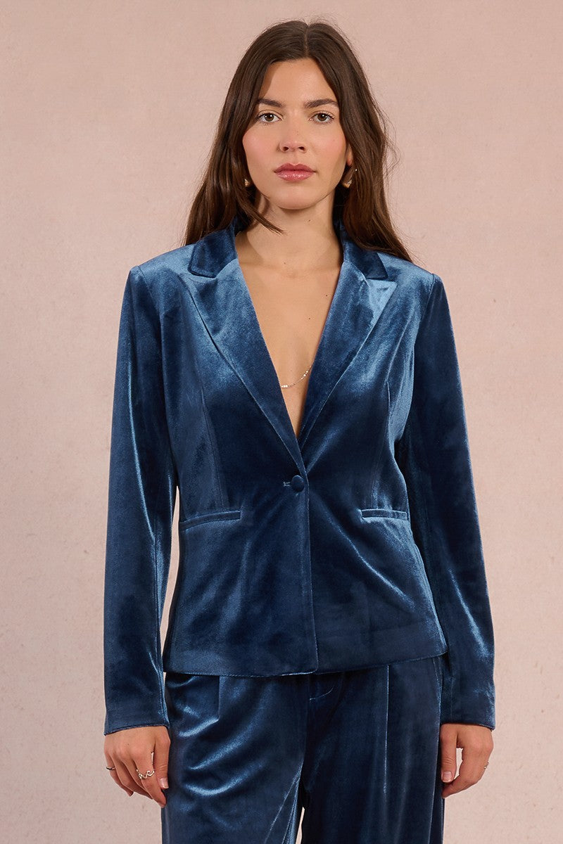 Front view of Molly Bracken blue velvet straight cut blazer with sharp tailoring and clean silhouette