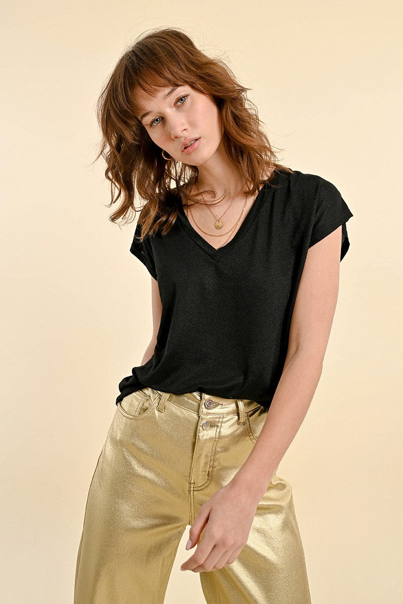 Molly Bracken Black V-Neck T-shirt With sparkly Lurex