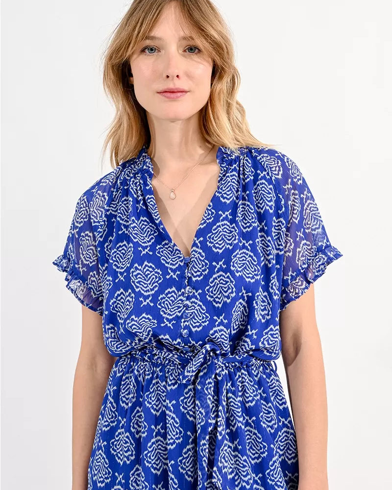 Molly Bracken Blue Rose Print Short Length Belted Shirt Dress