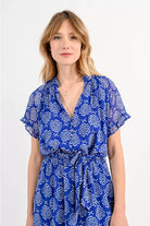 Molly Bracken Blue Rose Print Short Length Belted Shirt Dress