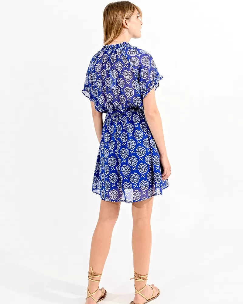 Molly Bracken Blue Rose Print Short Belted Dress From back