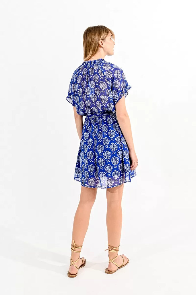 Molly Bracken Blue Rose Print Short Belted Dress From back