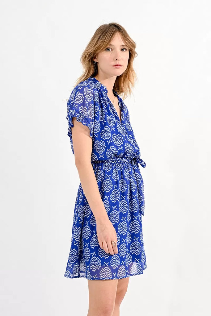 Molly Bracken Blue Rose Print Short Dress With Belt