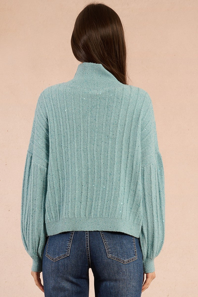 Back view of Molly Bracken aqua sequin knit jumper showing ribbed detail and high neck
