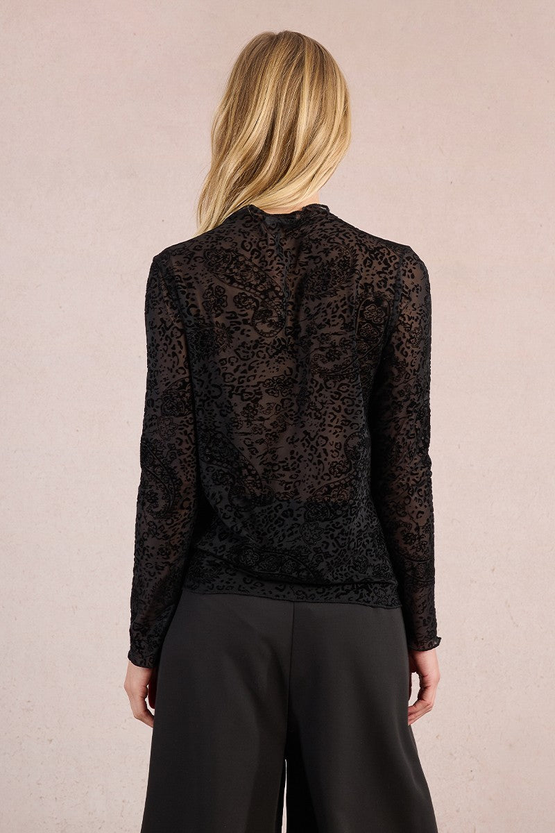 Back view of Molly Bracken sheer paisley flocked mesh top in slim silhouette.