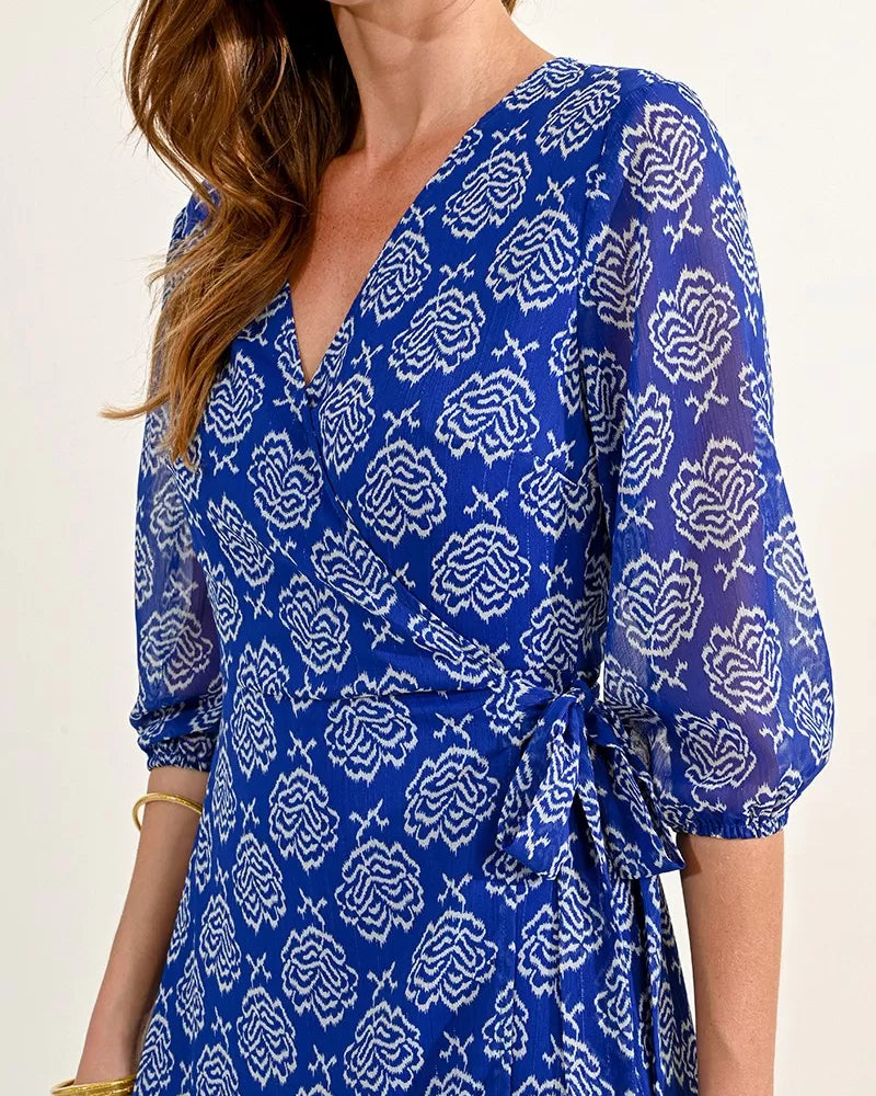 Molly Bracken Blue Rose Print Puffed Sleeve Wrap Style Maxi Dress
