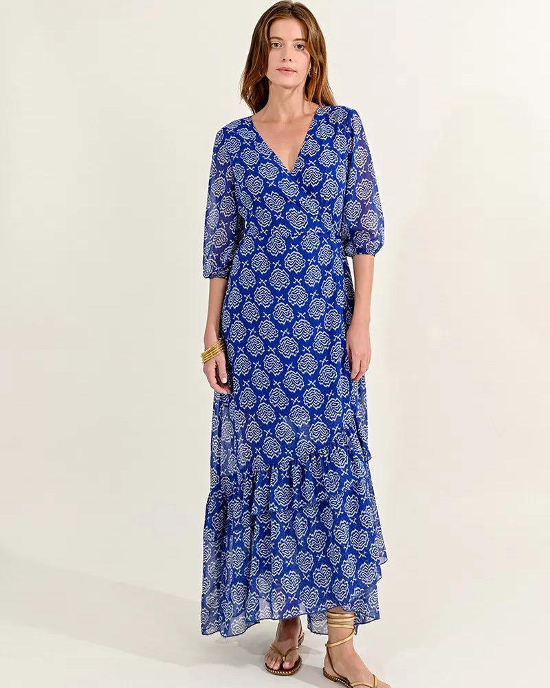Molly Bracken Blue Rose Print  Wrap Style Maxi Dress