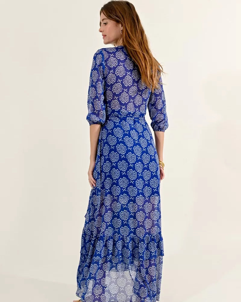 Molly Bracken Blue Rose Print Tiered Wrap Style Maxi Dress From Back