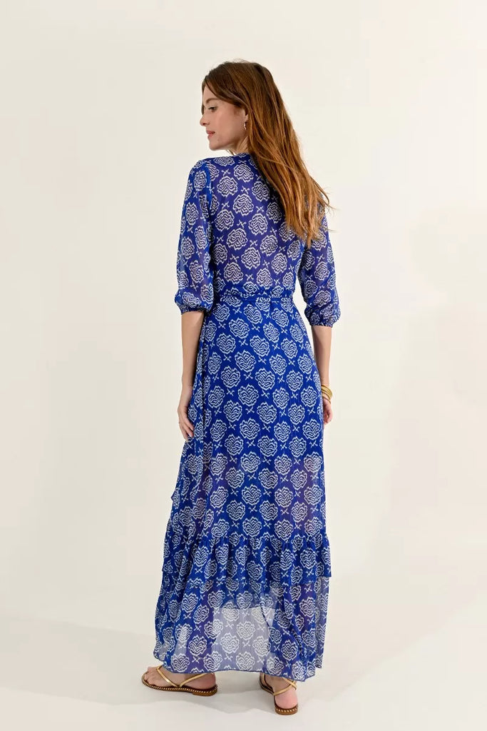 Molly Bracken Blue Rose Print Tiered Wrap Style Maxi Dress From Back