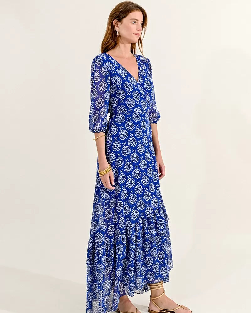 Molly Bracken Blue Rose Print Tiered Wrap Style Maxi Dress