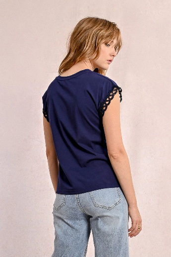 Back view of navy openwork T-shirt from Molly Bracken collection.
