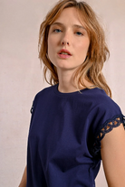 Molly Bracken navy T-shirt for women with lace sleeves closeup 
