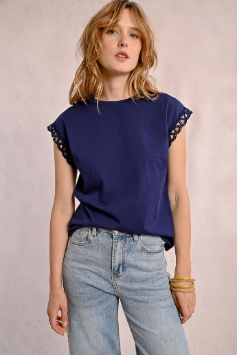 Model wearing Molly Bracken navy T-shirt with openwork sleeve detail