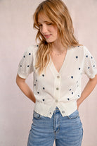 Molly Bracken Off White & Navy Heart Embroidered Cardigan