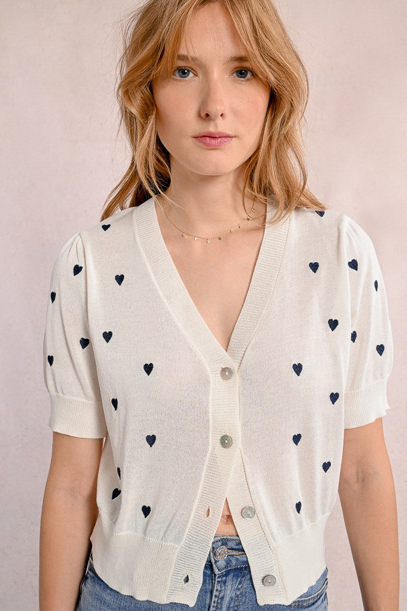 Molly Bracken Off White Heart Embroidered Cardigan With Short Sleeves 