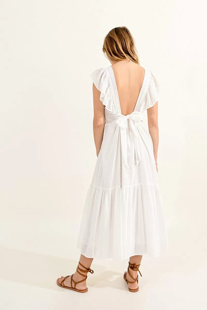 Molly Bracken Off White Cotton Tiered Maxi Dress With bow On  The Back