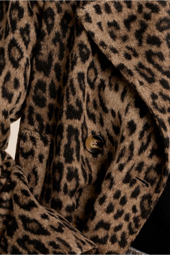 Molly Bracken leopard print jacket collar and button detail close-up
