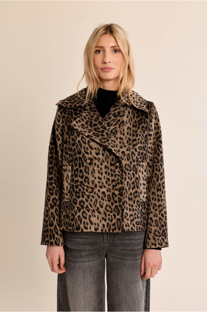 Molly Bracken leopard print short double-breasted jacket front view