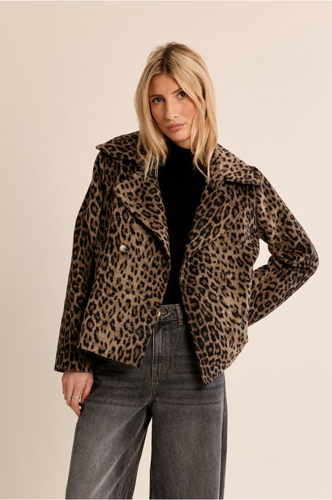 Molly Bracken women’s leopard print short jacket on model