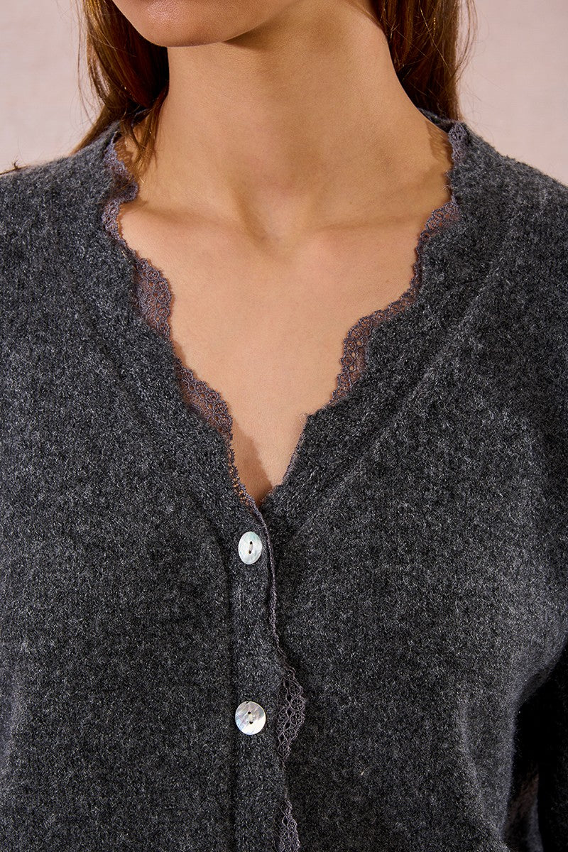 Close-up of Molly Bracken grey cardigan lace-trimmed neckline and scalloped detail.