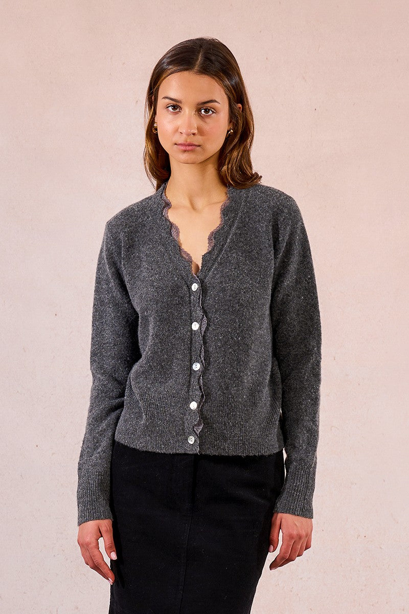 Front view of Molly Bracken charcoal scalloped lace knit cardigan with pearl buttons.