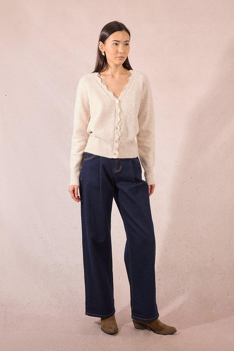 Full body view of Molly Bracken cream cardigan styled for casual daywear.