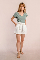 Molly Bracken white belted cotton blend shorts with high waist