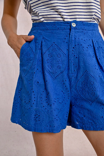 Molly Bracken Blue broderie anglaise lace shorts with romantic cut and wide leg