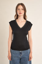 Molly Bracken black sparkly trim V neck T-shirt full length