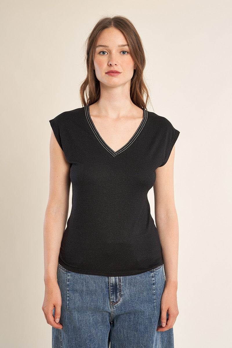 Molly Bracken black sparkly trim V neck T-shirt full length