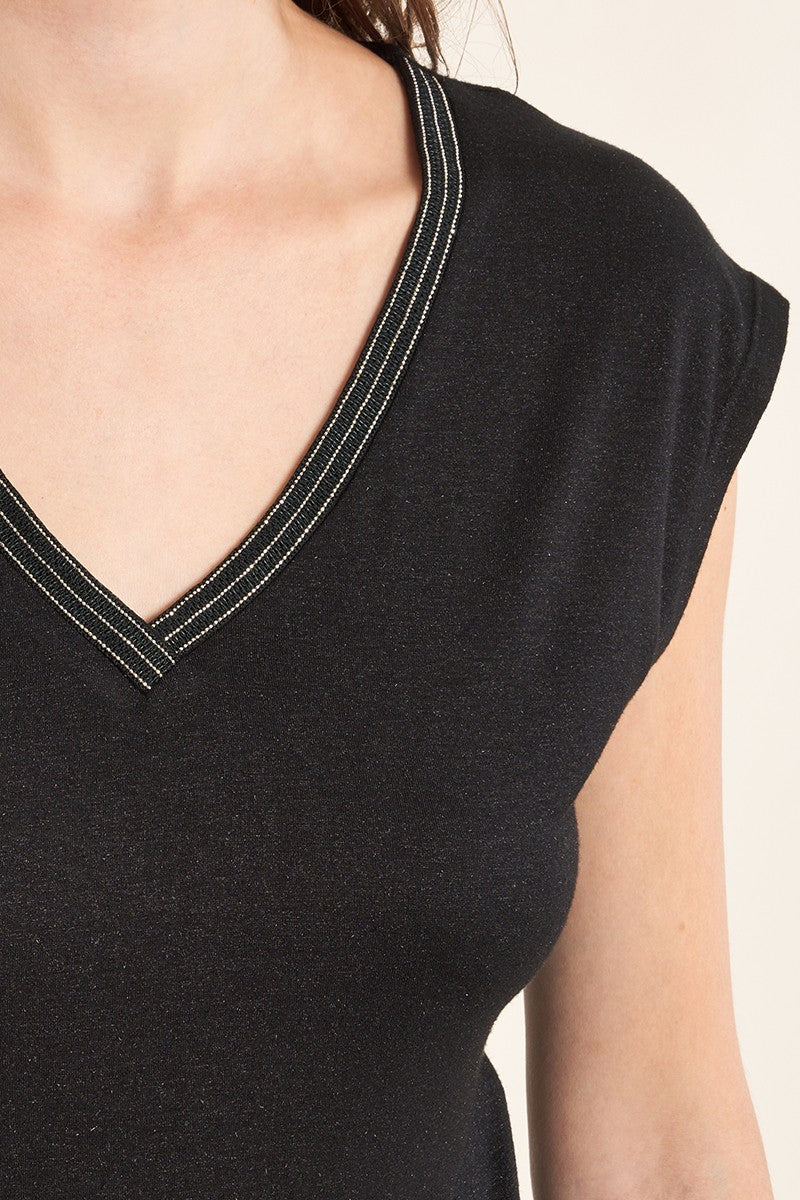 Molly Bracken black V neckline T-shirt with metallic thread detail