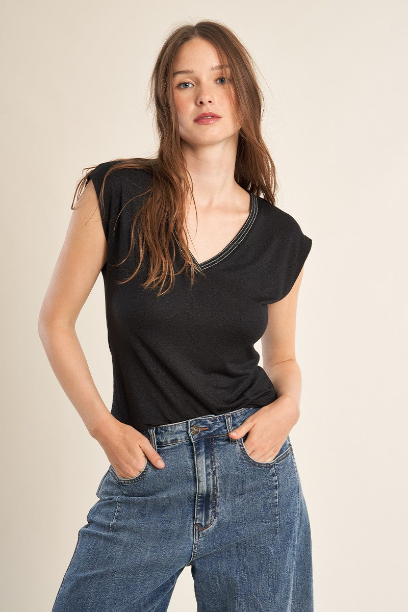 Molly Bracken black sparkly V neck T-shirt with rhinestone trim