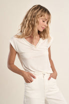 Molly Bracken cream sparkly V neck T-shirt front view