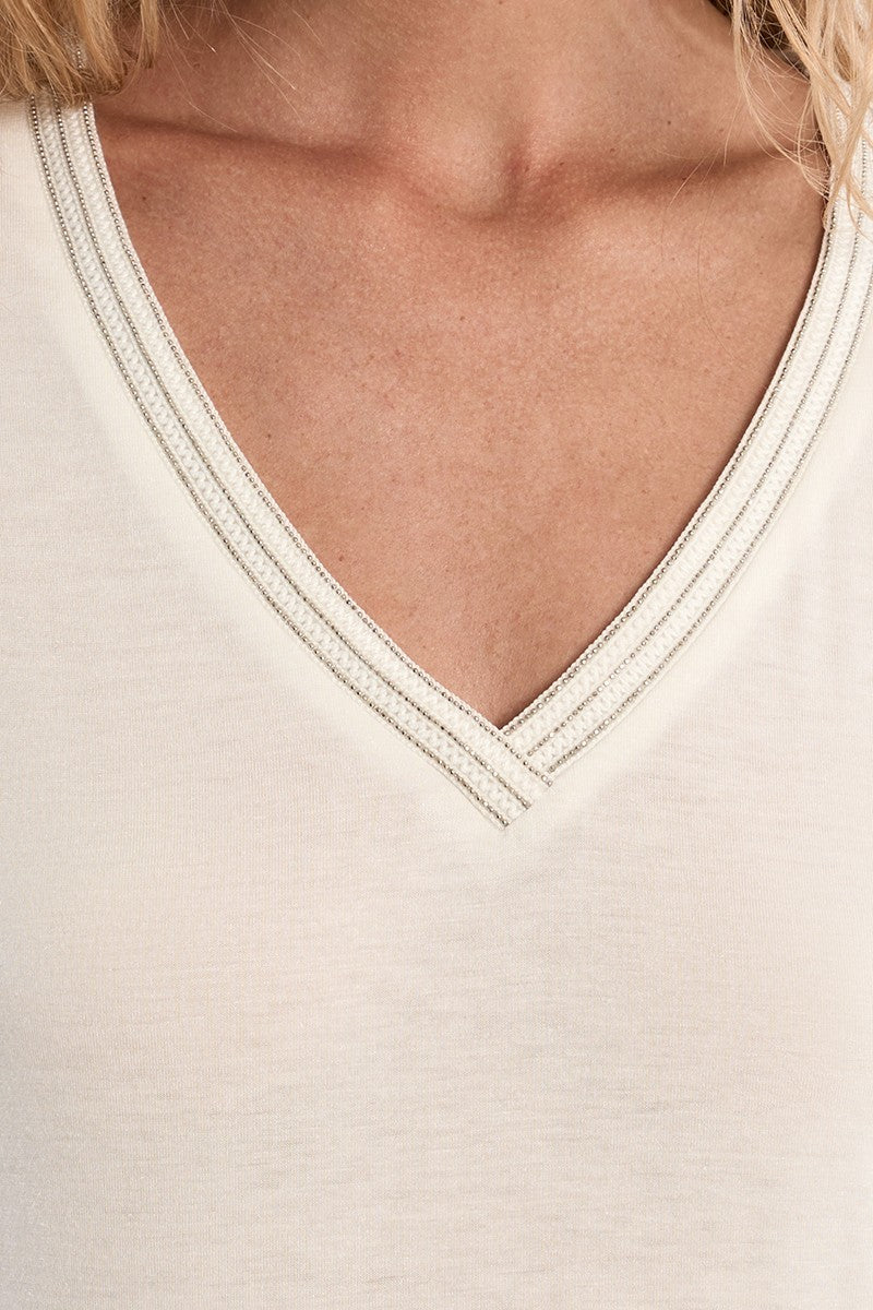 Molly Bracken cream straight fit V neck T-shirt full length