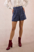 Molly Bracken blue tweed high waisted shorts with pleated front