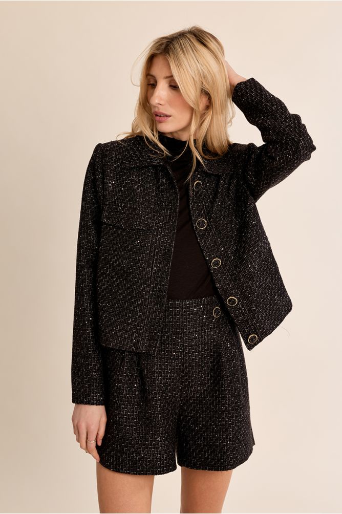 Molly Bracken black high-waisted tweed shorts styled with matching jacket