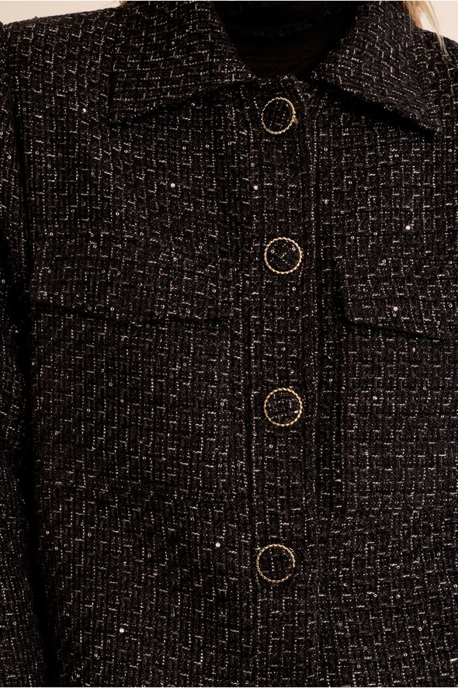 Molly Bracken black bouclé jacket covered button and pocket detail