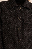 Molly Bracken black bouclé jacket covered button and pocket detail